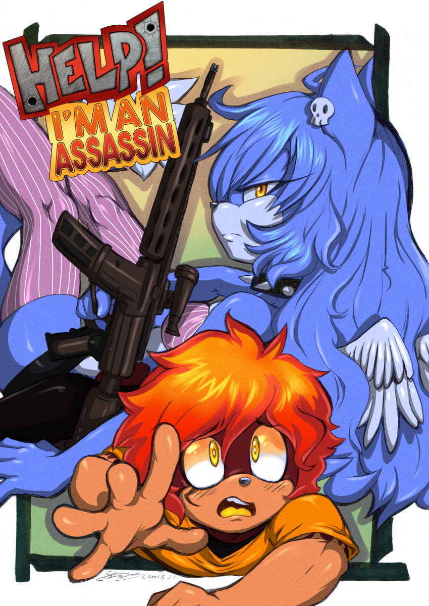 ar-15 black_nose blue_fur collar comic crossgender duo english_text female flamez fluffy fur girly gun hair hedgehog long_hair looking_at_viewer male mammal open_maw ranged_weapon red_fur red_hair rifle scared short_hair sniper_rifle soina sonic_(series) teeth text thick_thighs weapon wings yellow_eyes yellow_tongue