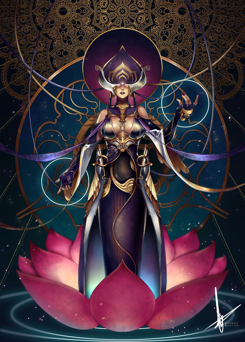 absurdres breasts cleavage cleavage_cutout commentary covered_eyes dress elbow_gloves english_commentary facing_viewer fingerless_gloves flower full_body gloves hannah_santos headgear highres large_breasts lips long_dress lotus_(warframe) lotus_pedestal nail_polish on_flower purple_nails ribbon solo standing warframe
