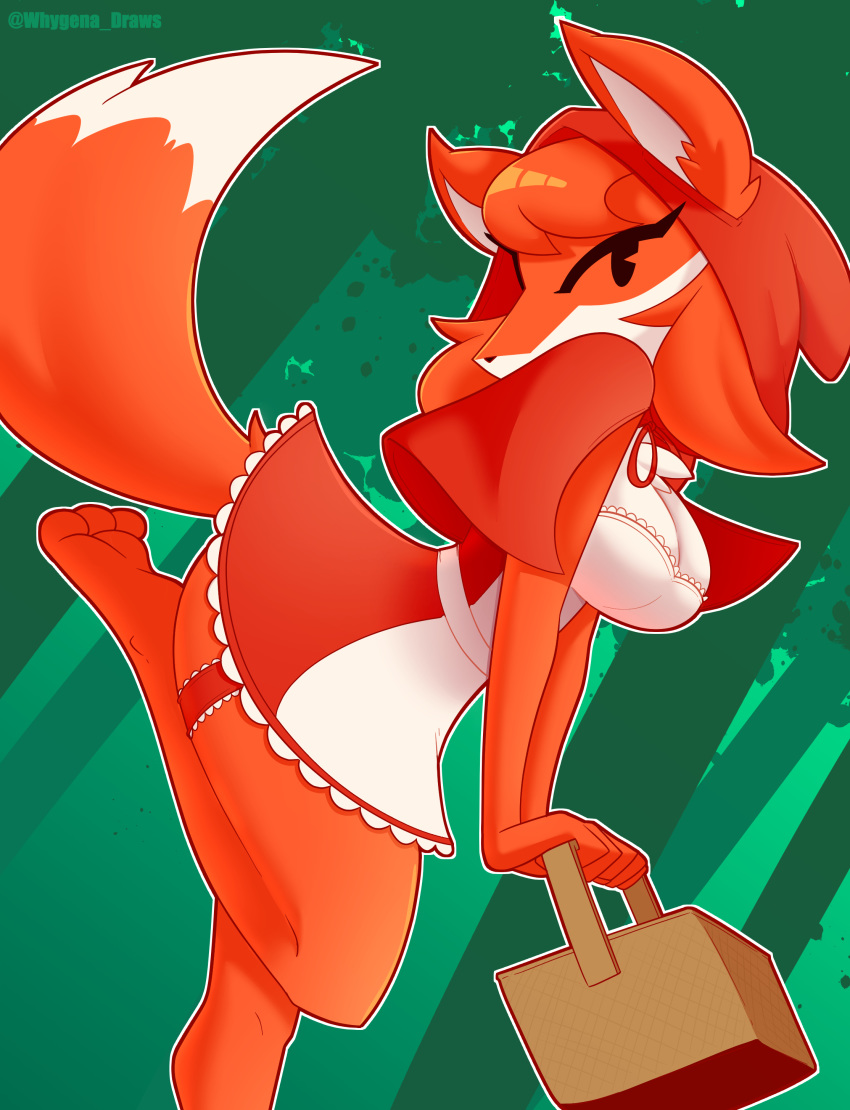 anthro basket big_breasts breasts canine cleavage clothed clothing female fox hair hood little_red_riding_hood little_red_riding_hood_(copyright) mammal shannon_(whygena) simple_background skirt solo standing whygena