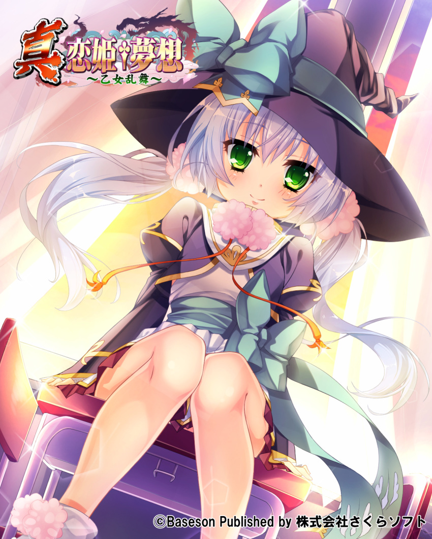 1girl blue_hair chair commentary_request copyright_name cropped_jacket desk dress green_eyes hat highres houtou jacket koihime_musou long_hair official_art on_desk sitting sitting_on_desk smile socks solo twintails white_dress witch_hat