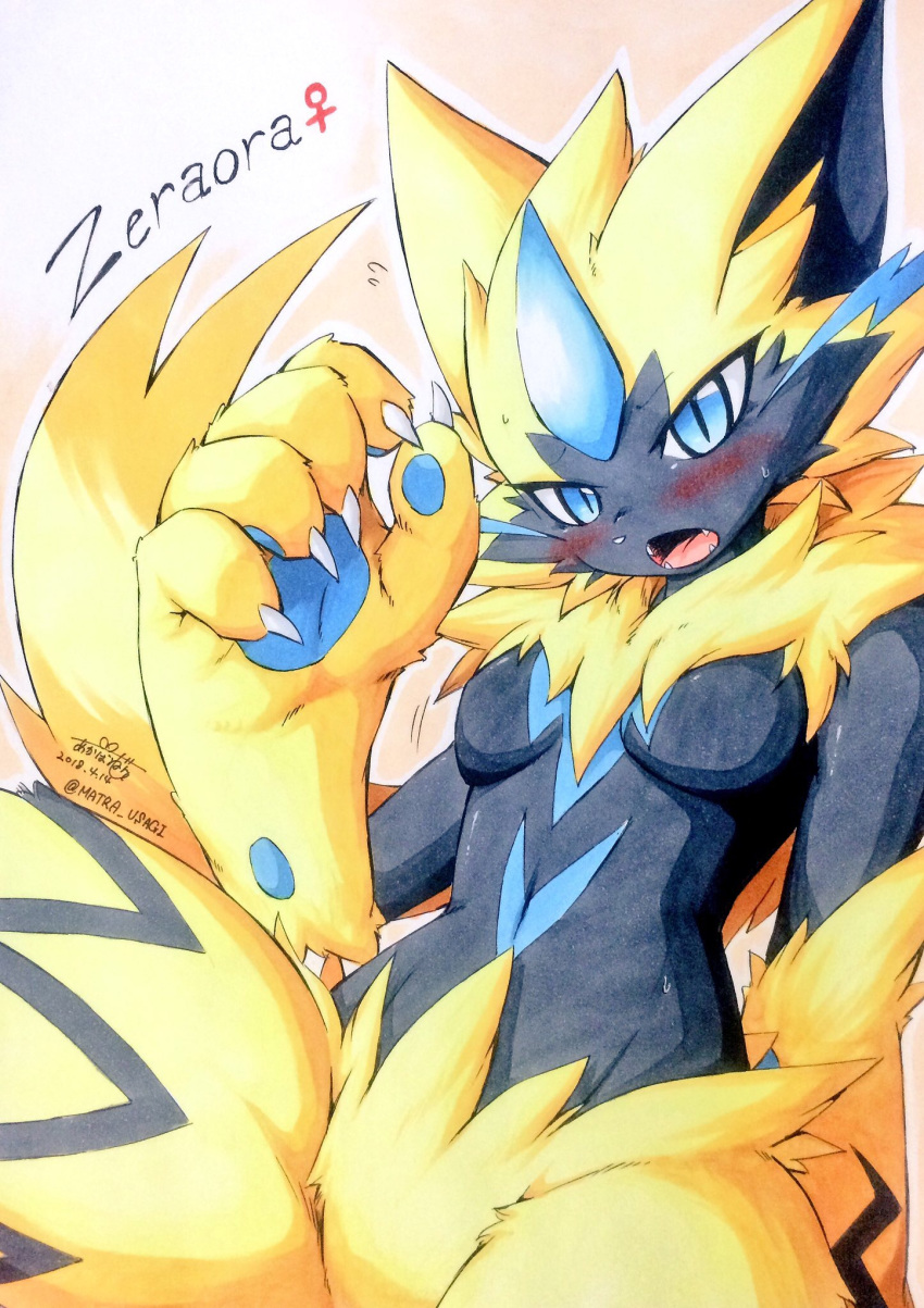 anthro black_fur blue_eyes blush breasts claws confusion cute featureless_breasts female fur jinya multicolored_fur nintendo pok&eacute;mon pok&eacute;mon_(species) traditional_media_(artwork) video_games whiskers yellow_fur zeraora あかばね_じん