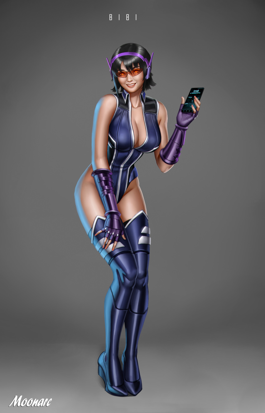 1girl bibi_rodriguez cellphone cleavage glasses hips leotard mexican moonarc neo_knights smile solo superhero