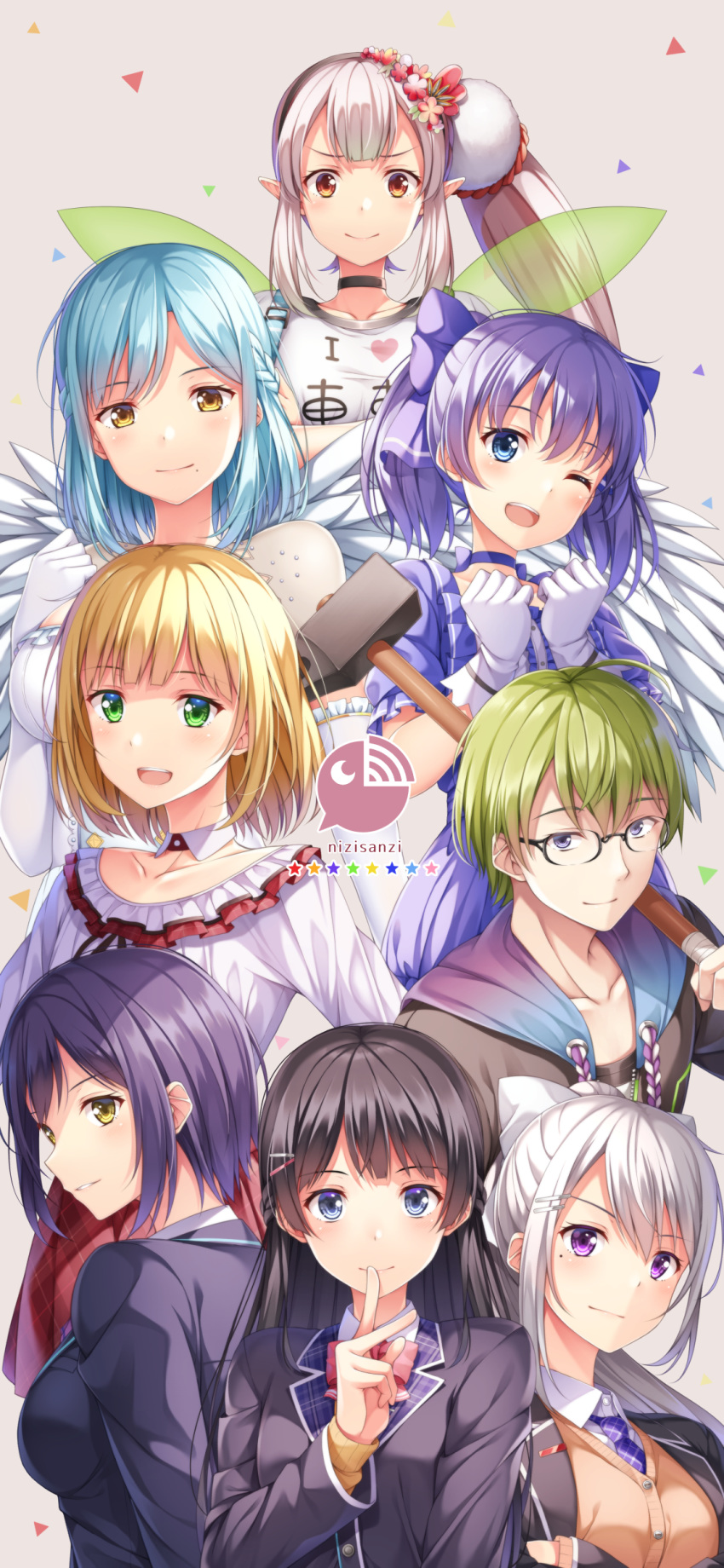 6+girls :d ;d absurdres angel_wings argyle_skirt bangs black_hair black_hoodie black_jacket blazer blonde_hair blue_choker blue_dress blue_eyes blue_hair blush bow braid breasts buttons choker closed_mouth clothes_writing collarbone commentary_request crossed_arms detached_collar dress elbow_gloves elu_(nijisanji) eyebrows_visible_through_hair fairy_wings flower french_braid glasses gloves green_eyes green_hair grin hair_bow hair_flower hair_ornament hairclip highres higuchi_kaede i_heart... jacket large_breasts long_hair looking_at_viewer looking_back moira_(nijisanji) mole mole_under_eye mole_under_mouth multiple_boys multiple_girls necktie nijisanji one_eye_closed open_mouth orange_eyes otoko_no_ko pink_neckwear pointy_ears ponytail purple_eyes purple_hair purple_neckwear red_eyes red_skirt school_uniform shibuya_hajime shirt shizuka_rin short_hair silver_hair skirt smile suzuya_aki tsukino_mito virtual_youtuber white_bow white_dress white_gloves white_shirt wings yellow_eyes yuuki_chihiro yuuri_nayuta