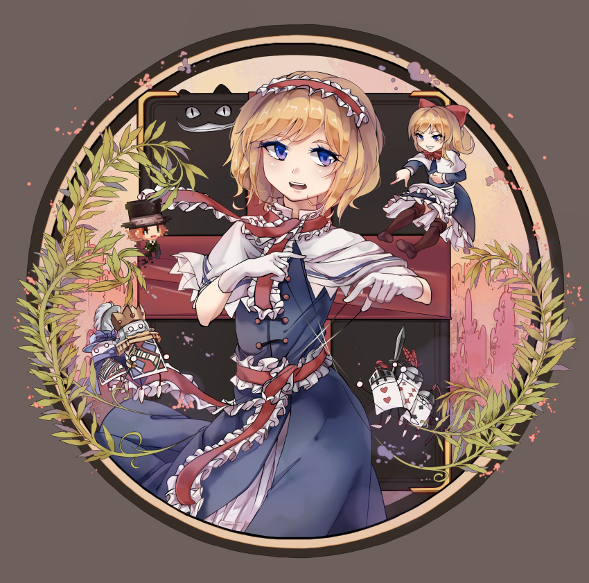 &gt;o&lt; absurdres alice_in_wonderland alice_margatroid apron arms_up asymmetrical_bangs bangs black_border black_hat blonde_hair blue_bow blue_dress blue_eyes border bow bowtie cameo capelet card character_request cheshire_cat chinese_commentary clenched_teeth commentary commentary_request cowboy_shot crown diamond_(shape) dress epaulettes evil_grin evil_smile eyebrows_visible_through_hair eyelashes facial_hair floating frilled_apron frilled_dress frilled_hairband frilled_sash frills grey_background grin hair_bow hairband hand_on_own_stomach hat hat_bow hat_feather heart helmet highres holding holding_sword holding_weapon long_hair looking_afar looking_at_viewer mad_hatter matching_shanghai mofashi_beibei mustache open_mouth parted_bangs partial_commentary partially_translated petticoat pigeon-toed pixelated pixels plant playing_card pointing pointing_forward rapier red_bow red_hairband red_neckwear red_sash red_scarf round_image sash scarf shanghai_doll short_hair slit_pupils smile solo spade_(shape) string sword teeth tongue top_hat touhou translation_request two-tone_background upper_teeth waist_apron weapon |_|