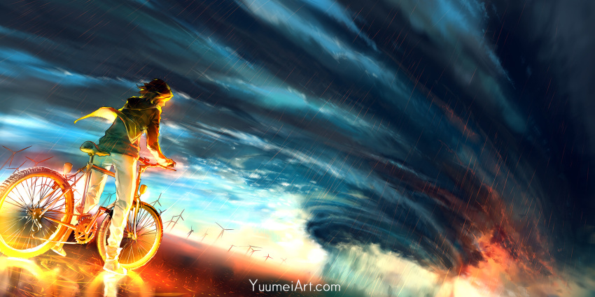 bicycle brown_hair cloud cloudy_sky commentary dutch_angle facing_away from_behind ground_vehicle highres long_sleeves original outdoors rain short_hair sky solo storm_cloud watermark web_address wenqing_yan wind wind_turbine windmill