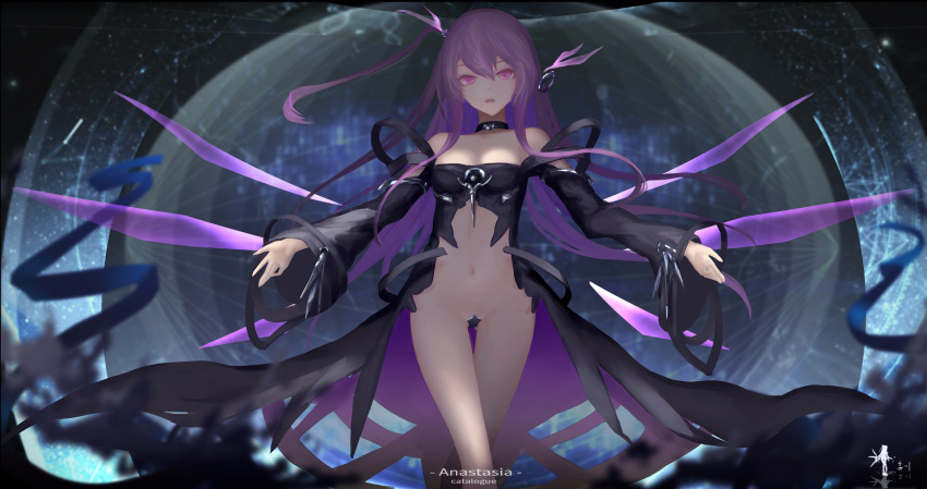 ass_visible_through_thighs bare_shoulders breasts choker cleavage commentary_request crotch_plate dress highres long_hair looking_at_viewer medium_breasts one_side_up open_mouth original purple_eyes purple_hair revealing_clothes solo strapless strapless_dress walking wangchuan_de_quanyan wide_sleeves