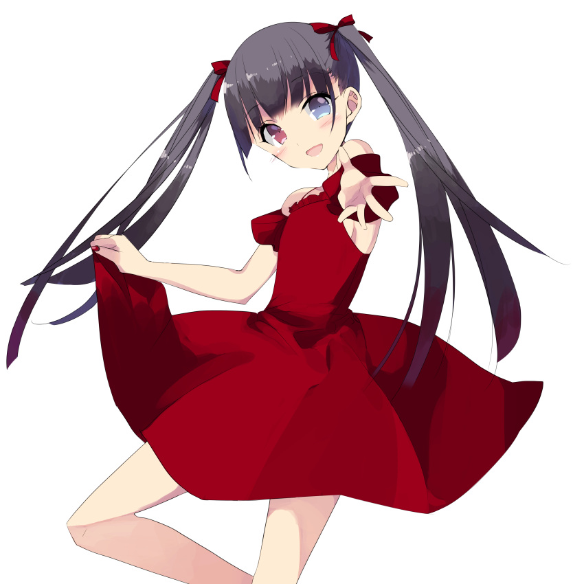 absurdres bad_id bad_pixiv_id black_hair blue_eyes blush blush_stickers bow breasts commentary dress eyebrows_visible_through_hair hair_bow heterochromia highres long_hair looking_at_viewer misteor open_mouth original outstretched_arm purple_eyes red_bow red_dress solo twintails white_background