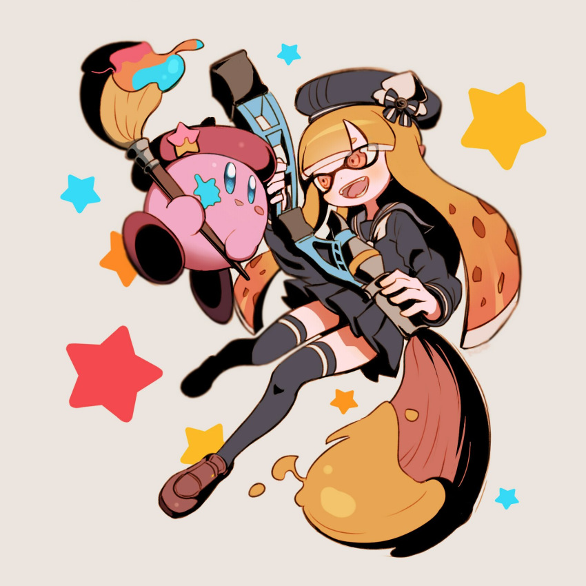 copy_ability domino_mask full_body hat highres inkling keijou_(cave) kirby kirby:_star_allies kirby_(series) mask paint paintbrush school_uniform serafuku skirt splatoon_(series) splatoon_1 star star_print super_smash_bros. super_smash_bros._ultimate tentacle_hair thighhighs trait_connection