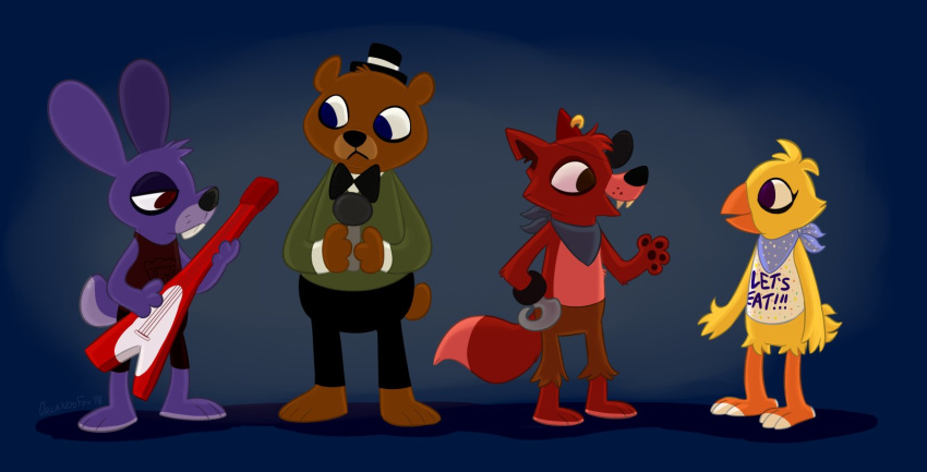 2018 anthro avian bear bird bonnie_(fnaf) bow_tie canine chica_(fnaf) chicken clothing digital_media_(artwork) eye_patch eyewear female five_nights_at_freddy's fox foxy_(fnaf) freddy_(fnaf) group guitar hat hook lagomorph male mammal musical_instrument night_in_the_woods orlandofox rabbit scarf simple_background top_hat video_games