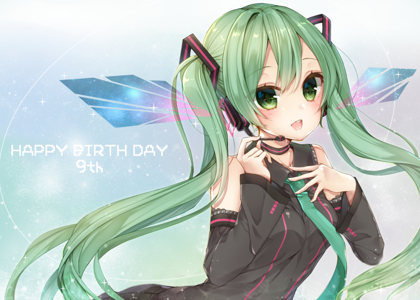 bangs bare_shoulders black_choker black_neckwear black_shirt black_skirt black_sleeves blush breasts choker collared_shirt commentary_request detached_sleeves eyebrows_visible_through_hair green_eyes green_hair hair_ornament hands_on_own_chest hatsune_miku headphones headset jewelry long_hair long_sleeves looking_at_viewer medium_breasts open_mouth pleated_skirt ripu_(sherypton) shirt skirt sleeveless sleeveless_shirt sleeves_past_wrists solo sparkle twintails upper_body very_long_hair vocaloid wide_sleeves