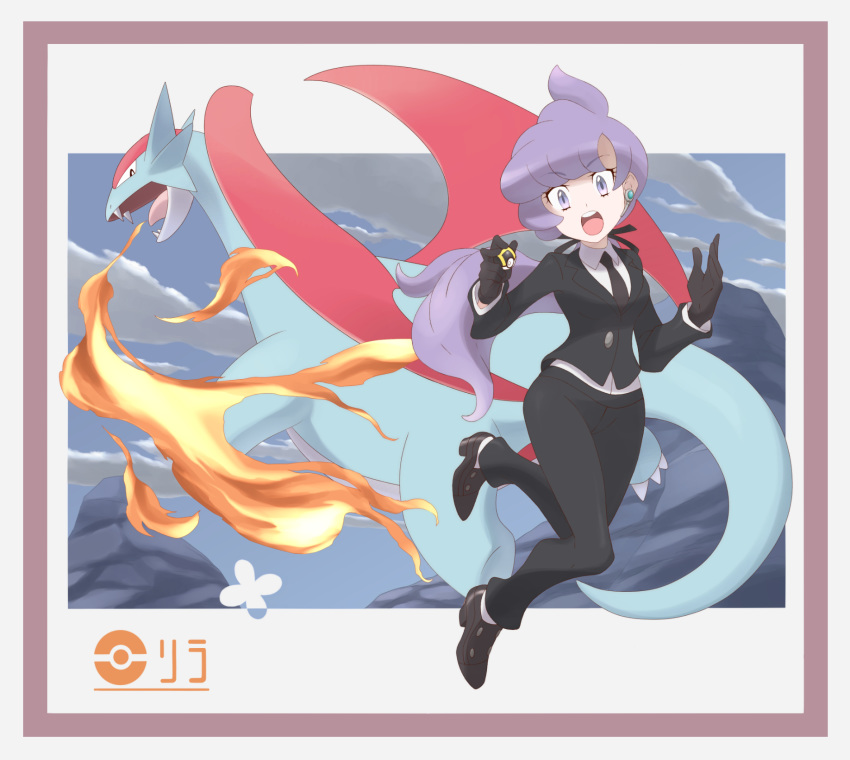 bangs black_footwear black_gloves black_jacket black_neckwear black_pants black_ribbon blazer blue_sky breasts character_name cloud collared_shirt dragon earbuds earphones eyebrows eyebrows_visible_through_hair eyelashes fire formal full_body gen_3_pokemon gloves hair_ribbon highres holding holding_poke_ball jacket lila_(pokemon) long_hair long_sleeves low_ponytail medium_breasts necktie nomura_(buroriidesu) open_mouth pant_suit pants poke_ball pokemon pokemon_(creature) pokemon_(game) pokemon_sm ponytail purple_eyes purple_hair red_wings ribbon salamence shirt shoes sky solo suit swept_bangs teeth tongue ultra_ball white_shirt wings