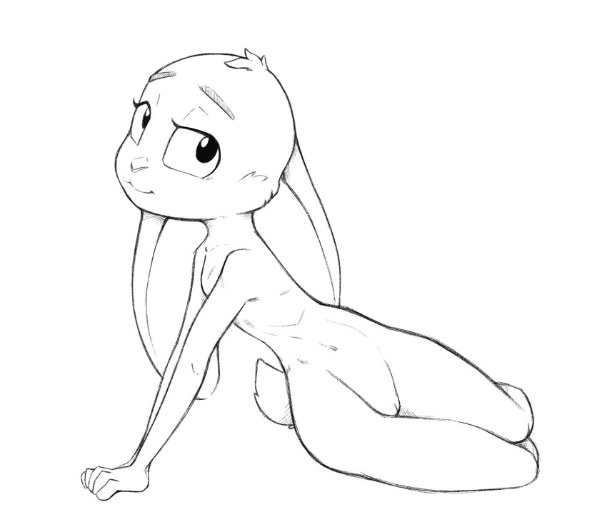 anthro black_and_white disney female front_view full-length_portrait judy_hopps lagomorph looking_at_viewer mammal monochrome nude portrait pose pussy qrog rabbit simple_background sketch smile solo white_background zootopia