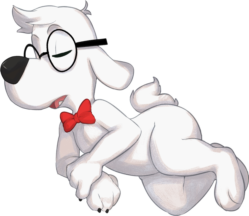 alpha_channel anthro bow_tie canine cute_fangs dog eyes_closed eyewear fur glasses male mammal mr._peabody open_mouth seth-iova simple_background sleeping solo transparent_background white_fur