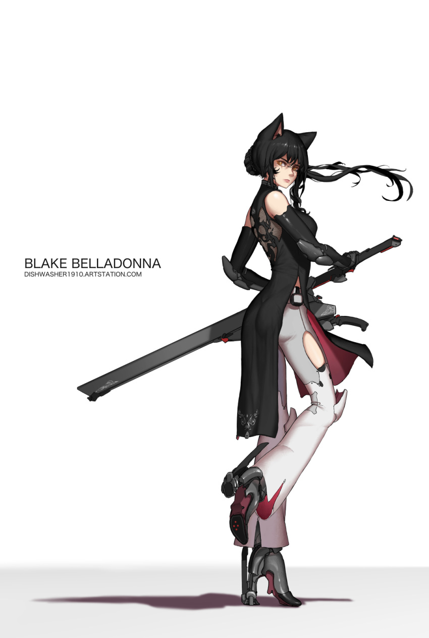 animal_ears ankle_boots armored_boots artist_name ass bare_shoulders black_dress black_footwear black_gloves black_hair blake_belladonna boots cat_ears character_name commentary dishwasher1910 dress elbow_gloves elbow_pads english_commentary fighting_stance floating_hair from_side full_body gloves grey_pants hand_on_sword high_heel_boots high_heels highres knee_pads leg_up lips long_hair looking_at_viewer looking_to_the_side older pants pelvic_curtain ponytail rwby shadow sheath sheathed sidelocks simple_background solo standing standing_on_one_leg watermark web_address white_background yellow_eyes