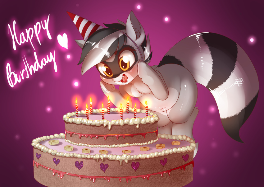 2018 anthro bandy_cyoot blush cake candle dankflank dialogue digital_media_(artwork) english_text equine food hair hat hi_res hybrid mammal open_mouth party_hat procyonid raccoon solo text