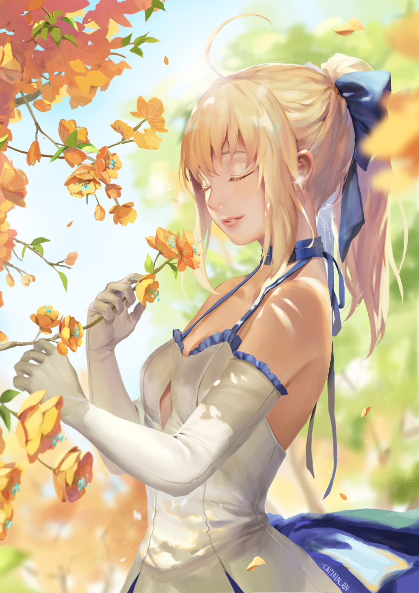 absurdres ahoge artist_name artoria_pendragon_(all) blonde_hair blue_bow bow breasts captain_an cleavage closed_eyes collarbone day dress elbow_gloves fate/unlimited_codes fate_(series) flower gloves hair_bow high_ponytail highres long_hair outdoors parted_lips saber_lily sleeveless sleeveless_dress small_breasts solo upper_body white_dress white_gloves yellow_flower