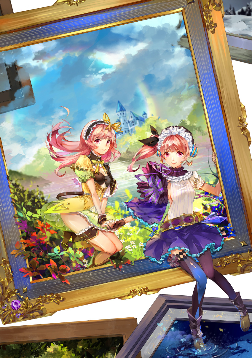 absurdres atelier_(series) atelier_lydie_&amp;_suelle boots bow bowtie breasts cleavage cloud flower gem hairband highres leaf long_hair lydie_marlen mizukiyan multiple_girls open_mouth pink_eyes pink_hair rainbow siblings side_ponytail sisters sitting sky small_breasts suelle_marlen thighhighs water