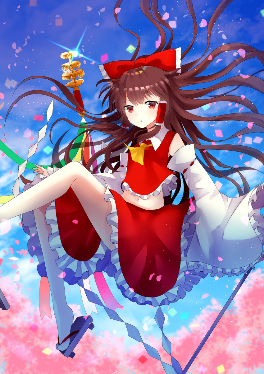 blue_sky bow brown_hair cherry_blossoms day detached_sleeves floating_hair frilled_bow frilled_skirt frilled_sleeves frills hair_bow hair_tubes hakurei_reimu highres long_hair long_sleeves looking_at_viewer midriff navel outdoors parted_lips red_bow red_eyes red_shirt red_skirt ribbon-trimmed_sleeves ribbon_trim sakipsakip shirt skirt sky sleeveless sleeveless_shirt solo sparkle stomach touhou very_long_hair