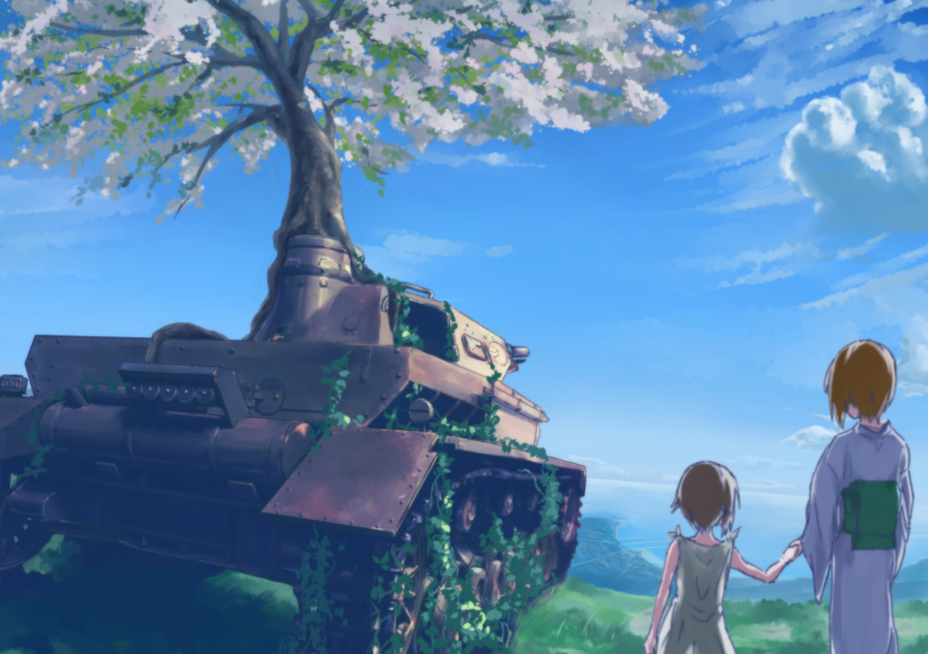 anglerfish blue_kimono cherry_blossoms child cloud cloudy_sky commentary day dress from_behind girls_und_panzer goripan ground_vehicle holding_hands ivy japanese_clothes kimono long_sleeves military military_vehicle mother_and_daughter motor_vehicle multiple_girls nishizumi_miho ocean older outdoors panzerkampfwagen_iv scenery short_hair sky standing tank tree white_dress wide_sleeves