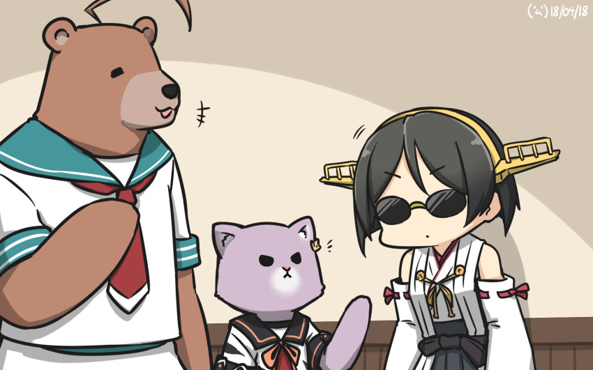 1girl against_wall ahoge animalization bear black_hair cat check_commentary commentary_request dated detached_sleeves hamu_koutarou headgear highres kantai_collection kirishima_(kantai_collection) kuma_(kantai_collection) necktie nontraditional_miko remodel_(kantai_collection) ribbon-trimmed_sleeves ribbon_trim sailor_collar short_hair sunglasses tama_(kantai_collection)