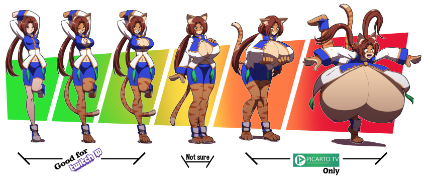 2018 anthro big_breasts blush breast_expansion breasts brown_hair clothing embarrassed feline female footwear hair hand_on_breast huge_breasts human human_to_anthro hyper hyper_breasts kojiro-brushard long_hair looking_at_viewer mammal nipples on_one_leg one_eye_closed open_mouth picarto sequence shoes smile solo standing surprise tiger torn_clothing transformation twitch.tv