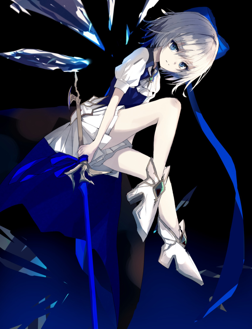 beckzawachi blue_bow blue_eyes bow cirno eyebrows_visible_through_hair hair_bow high_heels highres holding holding_sword holding_weapon invisible_chair looking_at_viewer miniskirt pleated_skirt short_hair short_sleeves silver_hair sitting skirt solo sword touhou weapon white_footwear white_neckwear white_skirt