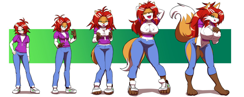 2016 anthro big_breasts breast_expansion breasts canine clothed clothing eyewear female fox glasses hair hand_on_breast happy hoodie human human_to_anthro kojiro-brushard long_hair looking_at_viewer mammal open_mouth pants red_hair sequence smile solo standing tail_growth tongue tongue_out transformation