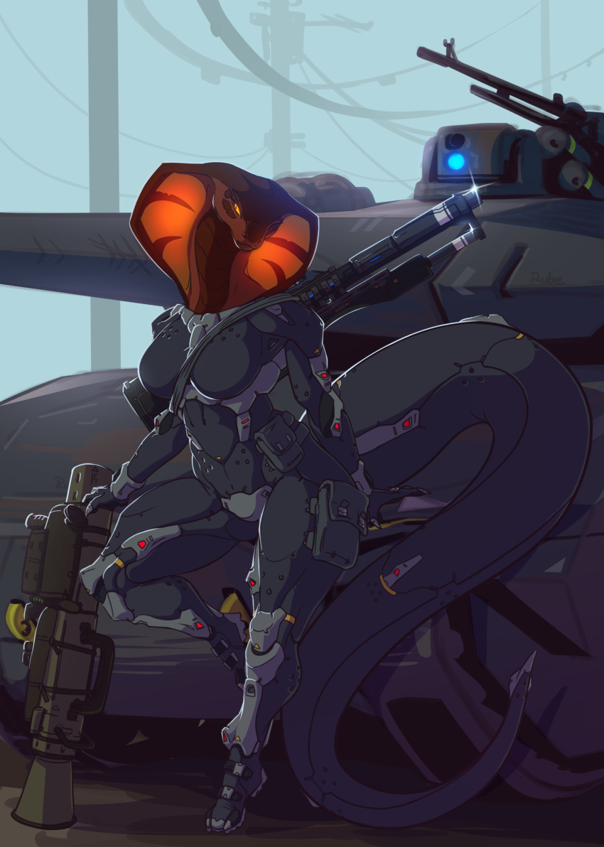 anthro armor bodysuit clothing cobra female gun looking_at_viewer ranged_weapon reptile rifle rube scalie skinsuit snake solo standing tank thick_thighs tight_clothing vehicle weapon wide_hips