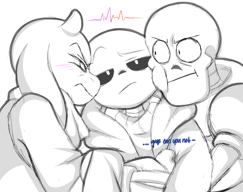 angry animated_skeleton anthro blush bone boss_monster caprine clothed clothing friisans goat group hoodie horn hug male mammal papyrus_(undertale) sans_(undertale) serious skeleton skull text toriel undead undertale video_games