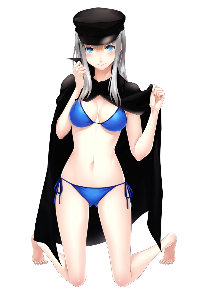 absurdres bikini blame! blame_gakuen! blue_eyes breasts cibo cloak hat highres kneeling long_hair looking_at_viewer medium_breasts pale_skin sakuma_tsukasa silver_hair skirt smile solo swimsuit white_hair