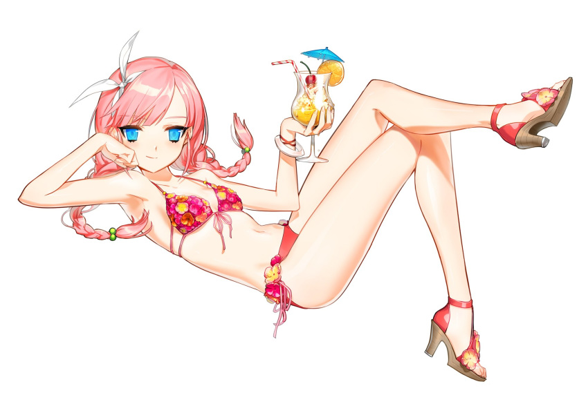 bangs bikini blue_eyes bow bracelet braid cherry closers cocktail_umbrella drink drinking_straw food fruit hair_bow high_heels highres jewelry looking_at_viewer navel orange orange_slice pink_hair sandals seulbi_lee smile solo swimsuit tropical_drink twin_braids twintails