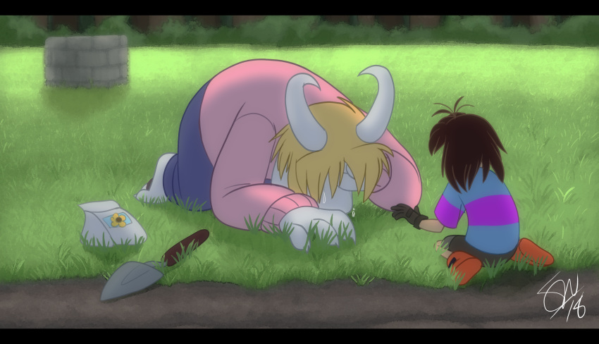 asgore_dreemurr boss_monster caprine crying duo gardening grass horn human mammal protagonist_(undertale) stripes tc-96 tears undertale video_games