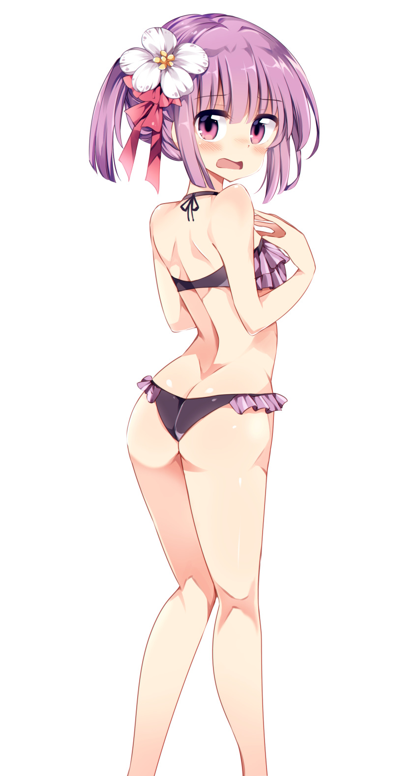 absurdres ass back bangs bare_legs bare_shoulders bikini blunt_bangs blush breasts butt_crack eyebrows_visible_through_hair feet_out_of_frame flower frilled_bikini frills from_behind hair_flower hair_ornament hair_ribbon halter_top halterneck hieda_no_akyuu highres legs_together looking_at_viewer looking_back maturiuta_sorato open_mouth purple_bikini purple_eyes purple_hair red_ribbon ribbon shiny shiny_hair shiny_skin short_twintails simple_background small_breasts solo standing swimsuit touhou twintails white_background