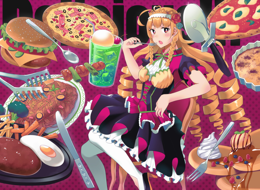 ahoge berries black_footwear black_skirt blonde_hair blush braid brown_eyes chair cherry crown dotted_background drill_hair drink drinking_straw egg english flower food food_request fork french_fries fruit hair_flower hair_ornament hamburger high_heels knife long_hair looking_at_viewer noodles olive open_mouth original pancake pizza pizza_wheel purple_background quiche ryokucha_michi sidelocks sitting skewer skirt solo spoon syrup tongs very_long_hair whipped_cream white_legwear