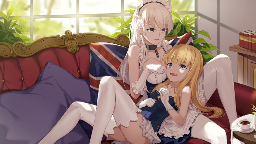 apron azur_lane bangs baseness belfast_(azur_lane) blonde_hair blue_eyes blush bow braid breasts chain cheek-to-breast cleavage collar collarbone commentary_request couch cup day detached_sleeves dress eyebrows_visible_through_hair french_braid frilled_legwear frills gloves hair_bow hairband hand_on_own_stomach hands_up highres knee_up large_breasts long_hair looking_at_another lying lying_on_person maid maid_headdress multiple_girls open_mouth pantyhose pillow plant queen_elizabeth_(azur_lane) saucer silver_hair small_breasts smile table tea teacup thighhighs thighs union_jack very_long_hair white_gloves white_legwear window