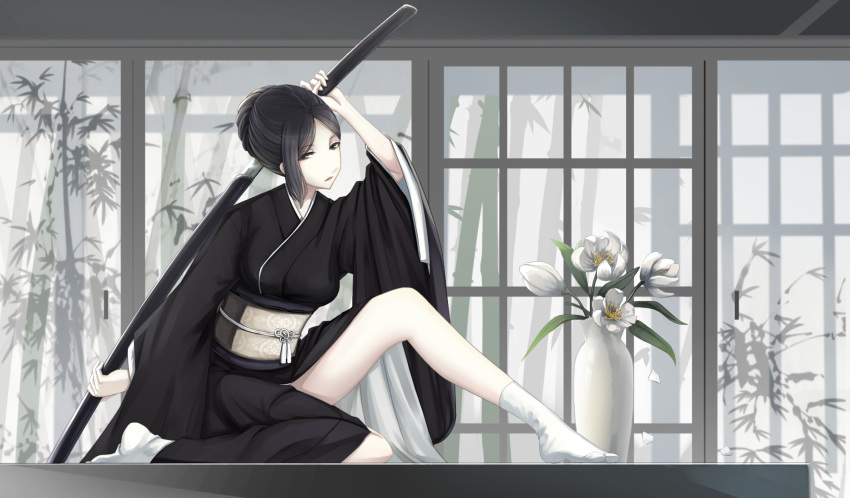 black_eyes black_hair black_kimono drawing_sword flower hair_up highres holding holding_sword holding_weapon japanese_clothes katana kikivi kimono knee_up left-handed looking_at_viewer original sheath short_hair sitting solo sword sword_behind_back unsheathing vase weapon