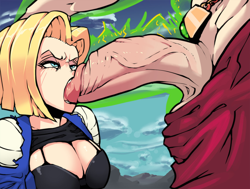 1girl android_18 angry black_bra blonde_hair blue_eyes bob_cut boxerman bra breasts broly cleavage dragon_ball dragonball_z fellatio hand_on_another's_head highres huge_penis jacket large_breasts looking_at_another oral penis raglan_sleeves shirt_lift short_hair solo_focus standing uncensored upper_body veiny_penis