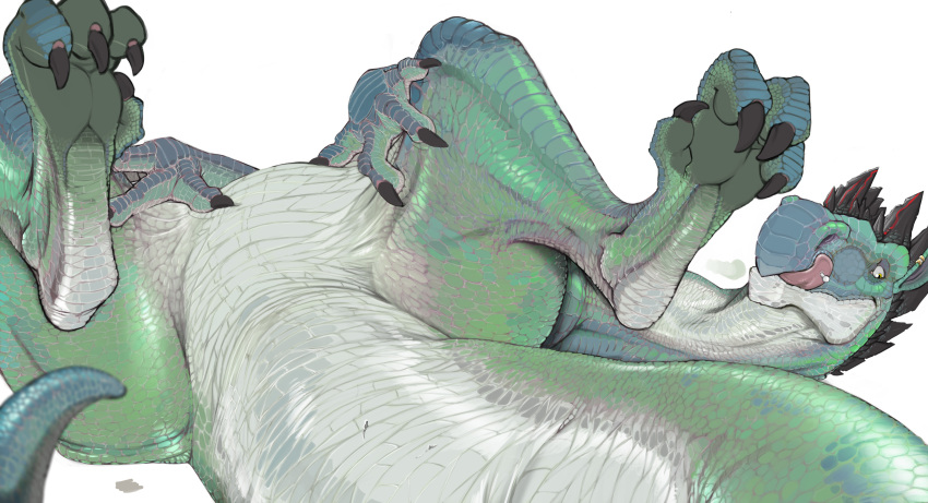 absurd_res ambiguous_gender butt claws digital_media_(artwork) digitigrade dinosaur feral hi_res horn licking licking_lips lying narse on_back piercing scales scalie simple_background solo spread_legs spreading tongue tongue_out tongue_piercing white_background