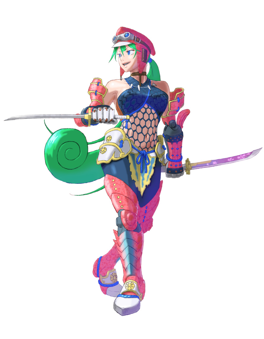 adapted_costume android armor bare_shoulders blue_eyes boots breasts capcom choker commentary_request crossover dual_wielding fang_necklace fishnets full_body goggles goggles_on_headwear green_hair hair_between_eyes hat highres holding holding_weapon hudy8358 jewelry katana large_breasts long_hair marino midriff monster_hunter monster_hunter_xx nargacuga_(armor) navel necklace robot_joints rockman rockman_x rockman_x_command_mission simple_background solo standing sword tetsukabura_(armor) very_long_hair weapon