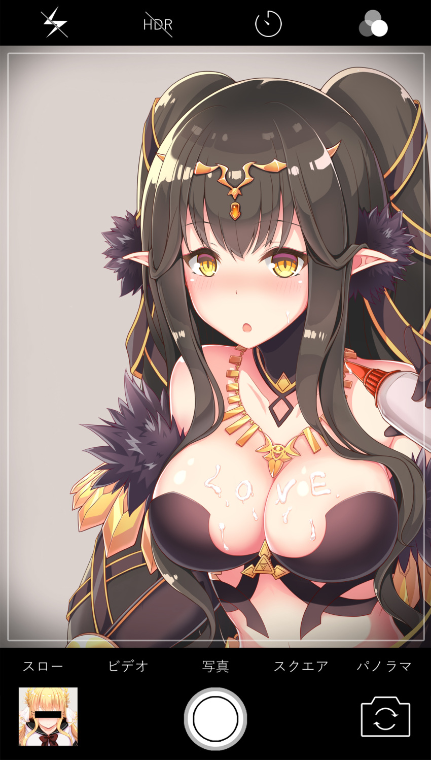 :o bangs bare_shoulders bikini black_bikini black_gloves black_hair blonde_hair blush body_writing breasts censored chocolate chocolate_on_breasts cleavage collarbone detached_collar elbow_gloves english eyebrows_visible_through_hair fate/grand_order fate_(series) fur-trimmed_gloves fur_trim gem gloves gradient gradient_background grey_background highres holding identity_censor index_finger_raised jewelry kana_(ky4696) large_breasts long_hair looking_at_viewer multiple_girls necklace nose_blush open_mouth pointy_ears semiramis_(fate) shiny shiny_skin sidelocks solo_focus swimsuit tiara twintails upper_body viewfinder white_chocolate