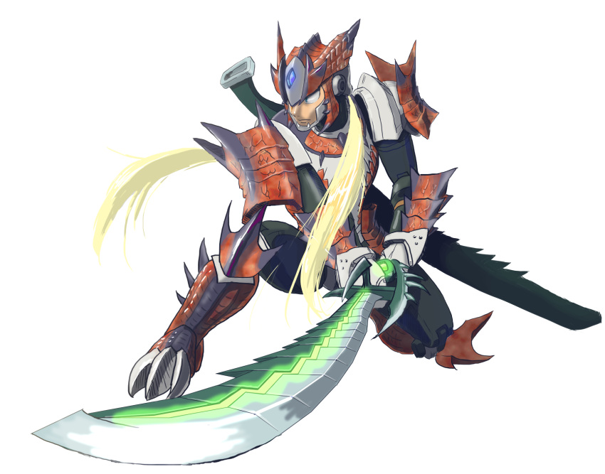 adapted_costume armor blonde_hair blue_eyes capcom commentary_request crossover full_body highres holding holding_sword holding_weapon hudy8358 japanese_armor long_hair male_focus monster_hunter monster_hunter_xx rathalos_(armor) rockman rockman_x serious sheath shoulder_armor shoulder_spikes simple_background sode solo spiked_armor spikes standing sword weapon white_background zero_(rockman)