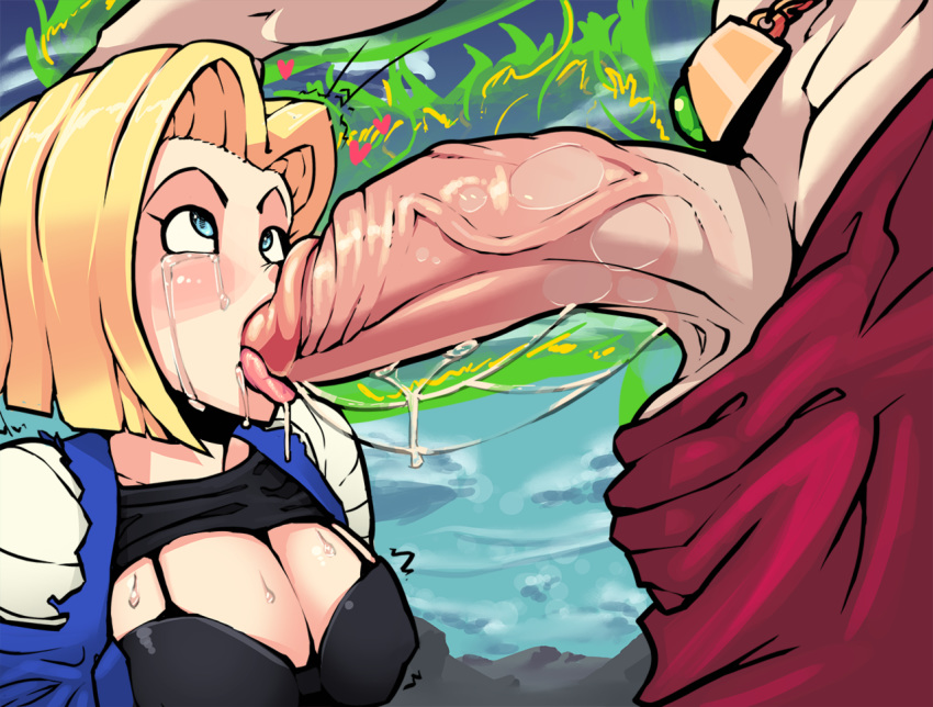 1girl android_18 black_bra blonde_hair blue_eyes bob_cut boxerman bra breasts broly cleavage crying dragon_ball dragonball_z fellatio hand_on_another's_head heart highres huge_penis jacket large_breasts looking_at_another oral penis raglan_sleeves saliva shirt_lift short_hair solo_focus standing sweat sweatdrop tears tongue tongue_out uncensored upper_body veiny_penis