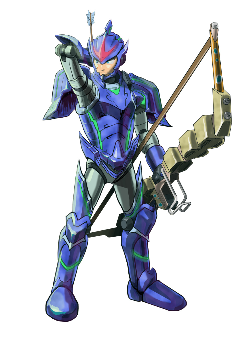 adapted_costume android armor arrow blue_eyes boots bow_(weapon) brachydios brachydios_(armor) capcom commentary_request crossover full_body highres holding holding_bow_(weapon) holding_weapon hudy8358 legs_apart male_focus monster_hunter monster_hunter_xx robot_joints rockman rockman_x simple_background solo standing weapon white_background x_(rockman)