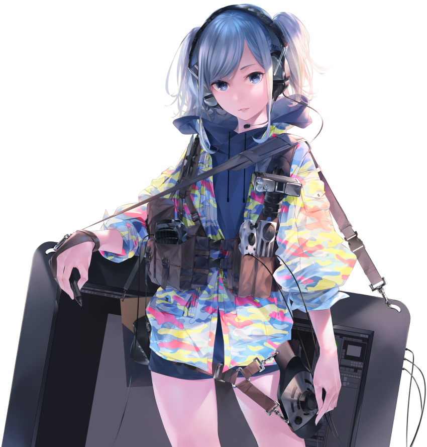 bangs blue_eyes blue_hair brown_gloves cable camera camouflage coat cowboy_shot drawing_tablet drawstring gloves headphones headset highres holding long_sleeves looking_at_viewer multicolored multicolored_clothes multicolored_coat open_clothes open_coat original parted_lips partly_fingerless_gloves puffy_long_sleeves puffy_sleeves short_hair short_twintails shorts simple_background single_glove sousou_(sousouworks) speaker standing strap sweater swept_bangs twintails wacom white_background