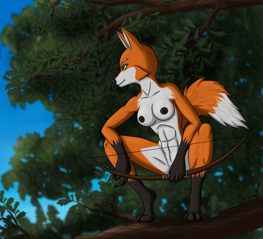 2018 abs anthro black_nipples blue_eyes bow_(weapon) branch breasts canine crouching detailed_background digital_media_(artwork) female fox hi_res mammal nipples nude on_branch ranged_weapon solo tree weapon za-owl