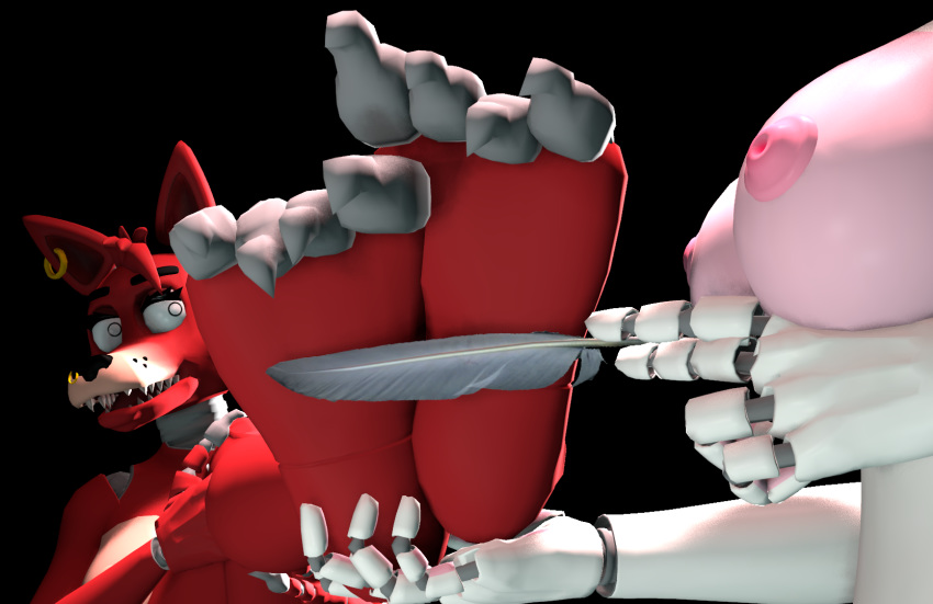 3d_(artwork) 4_toes 5_fingers animatronic anthro barefoot breasts canine crossgender digital_media_(artwork) duo feathers feet female five_nights_at_freddy's five_nights_at_freddy's_2 foot_fetish foot_focus fox foxy_(fnaf) machine mammal mangle_(fnaf) robot simple_background tickling toes video_games zp92