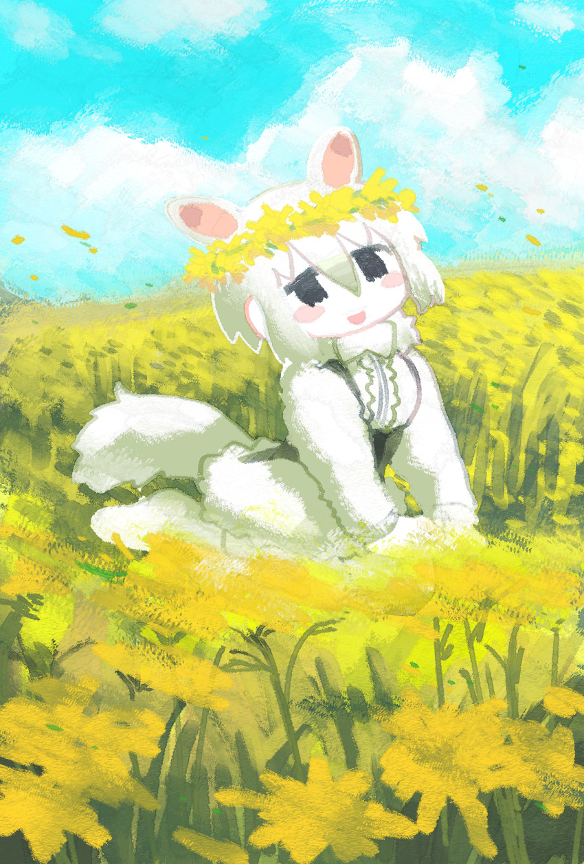 :d animal_ears blue_sky blush_stickers cloud commentary_request day extra_ears field flower flower_field flower_wreath gunzan highres kemono_friends open_mouth outdoors petals short_hair sitting sky smile solo southern_tamandua_(kemono_friends) tamandua_ears tamandua_tail white_hair