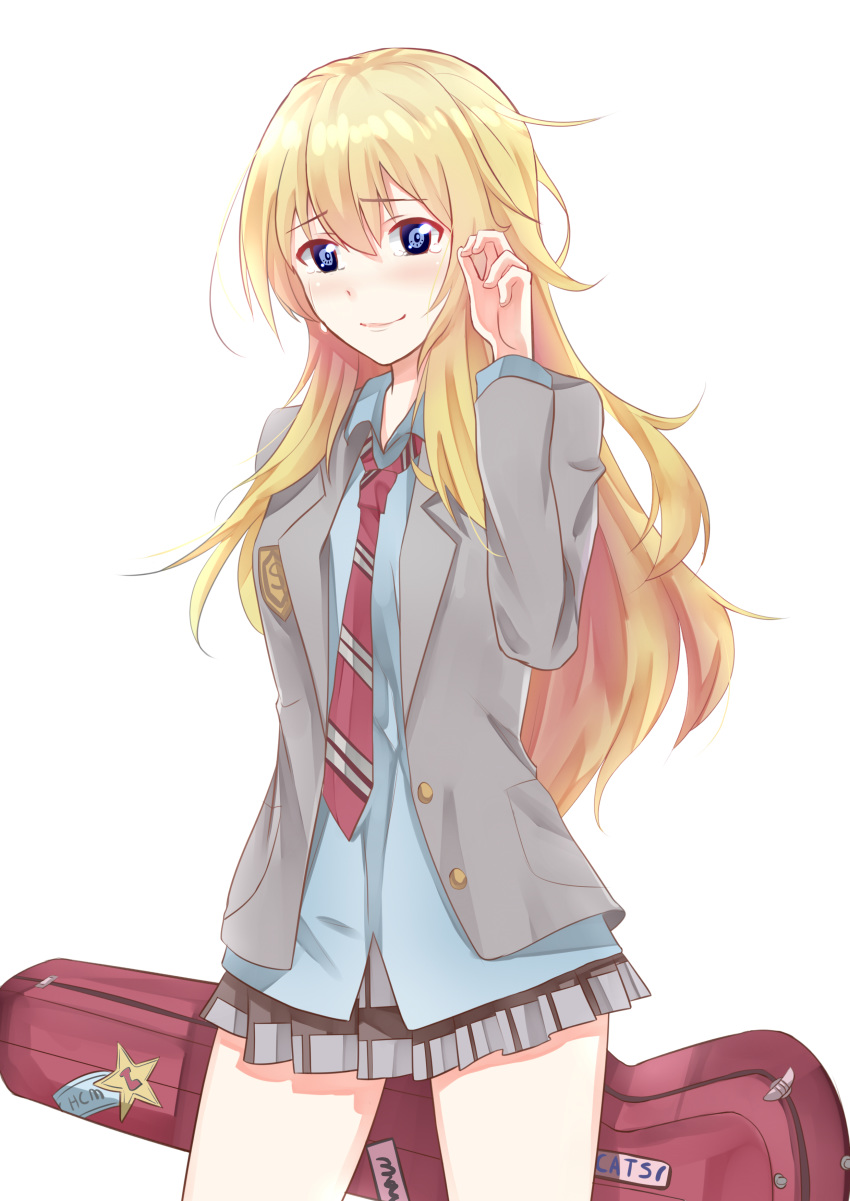 absurdres arm_up badge bangs blonde_hair blue_eyes blue_shirt closed_mouth commentary_request cowboy_shot eyebrows_visible_through_hair grey_jacket grey_skirt hair_between_eyes highres holding jacket long_hair looking_at_viewer miniskirt miyazono_kawori necktie open_clothes open_jacket pleated_skirt raised_eyebrows red_neckwear school_uniform shigatsu_wa_kimi_no_uso shirt simple_background skirt smile solo standing sticker striped striped_neckwear tareme tears tucao_xiansen violin_case