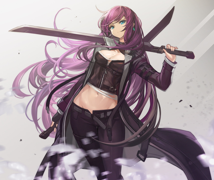 1girl bangs belt breasts cleavage cleavage_cutout commentary crop_top dual_wielding earrings goomrrat green_eyes holding holding_sword holding_weapon jacket jewelry long_hair looking_at_viewer medium_breasts midriff navel original over_shoulder pants purple_hair purple_jacket purple_pants reverse_grip stomach swept_bangs sword sword_behind_back sword_over_shoulder very_long_hair weapon weapon_over_shoulder