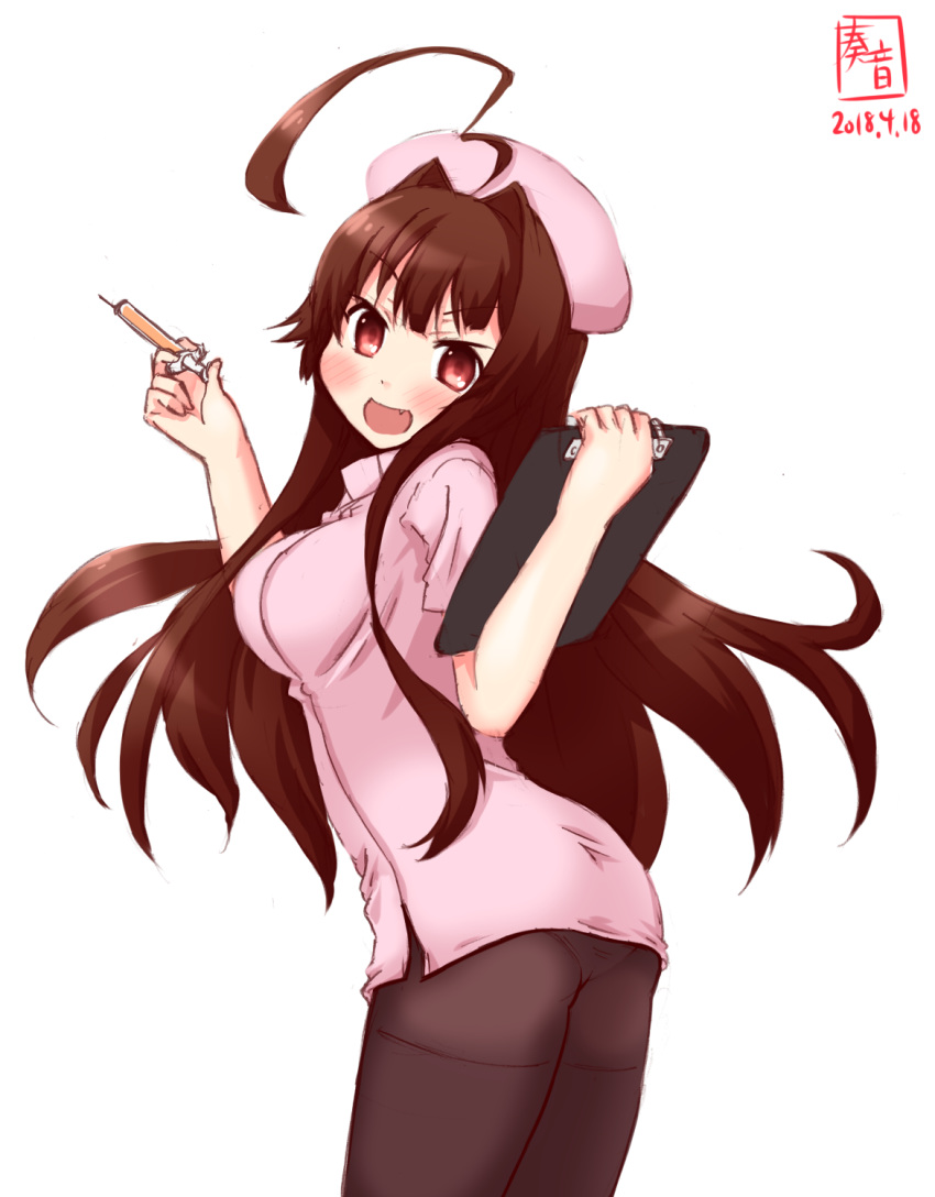 ahoge artist_logo ass brown_hair clipboard commentary_request cosplay cowboy_shot dated from_behind highres huge_ahoge kanon_(kurogane_knights) kantai_collection kuma_(kantai_collection) long_hair looking_at_viewer nurse open_mouth panties panties_under_pantyhose pantyhose red_eyes simple_background smile solo syringe underwear white_background